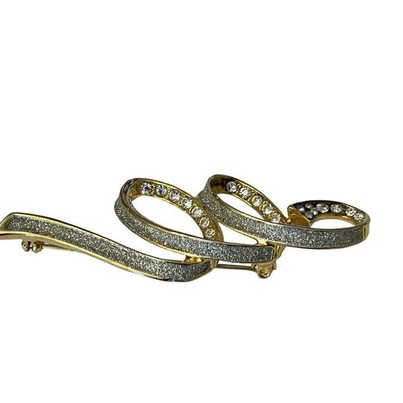 Gold Ribbon Bow Brooch Clear Rhinestones Pin Pave Vintage Statement Piece - Picture 2 of 5